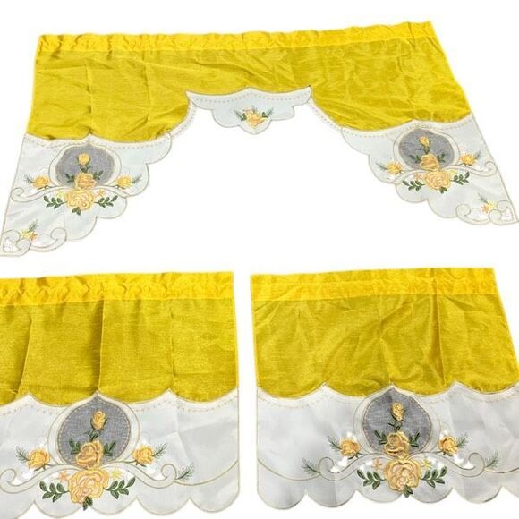 Yellow Rose Melody 3 pc Kitchen Cafe Curtain Set Swag Tier Set Embroidery GOHD - Picture 2 of 13